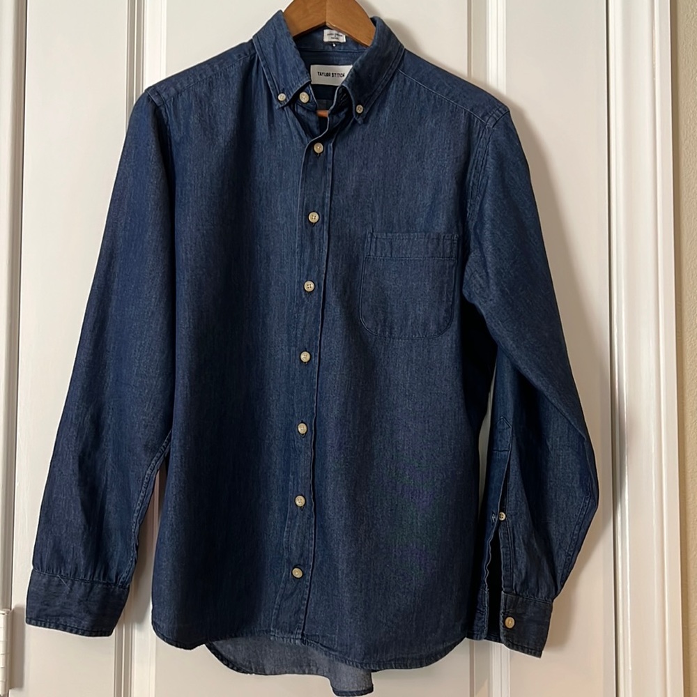 Men's Taylor Stitch Dark Blue Chambray Long Sleeve Shirt, Medium (40)